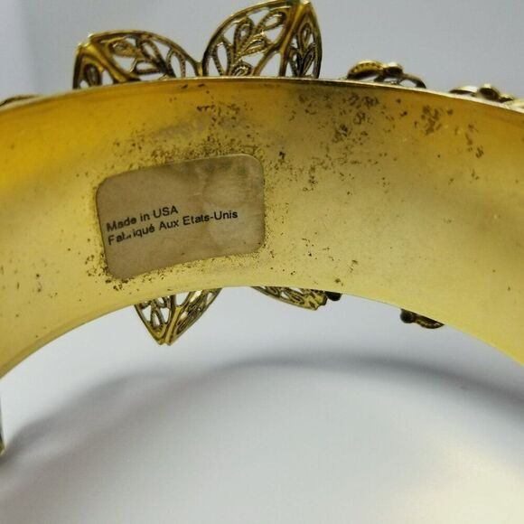 Vintage Blue Green Rhinestone Flower Filigree Cuff Bangle Bracelet, Gold Tone - Picture 6 of 9